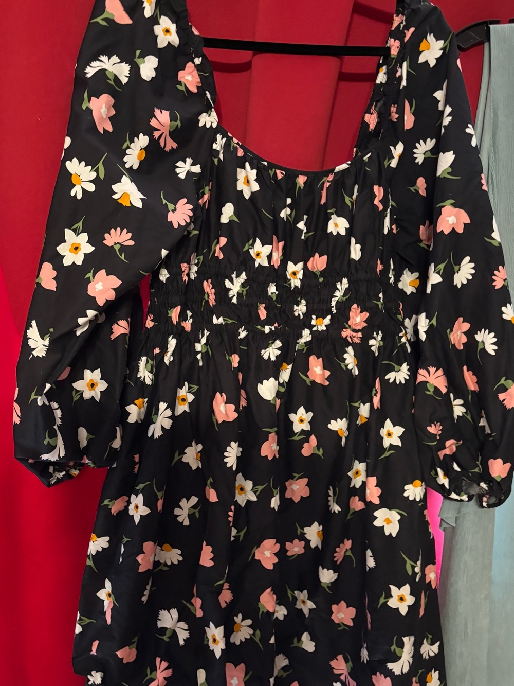 kate spade Black Floral Smocked Waist Midi Dress with Pink & White Flowers